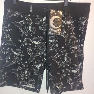Killstar Stay Salty Board Shorts NWT Black Goth Skull & Floral Swim Trunks